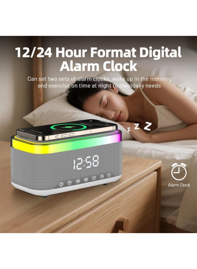 Bluetooth Speaker with Wireless Charging Digital Clock LED Display 15W Qi Charging Station 2 x 10W Speakers7 Ambient Lights BT5.3/AUX/TF/USB for Home Bedside Travel - Image 2